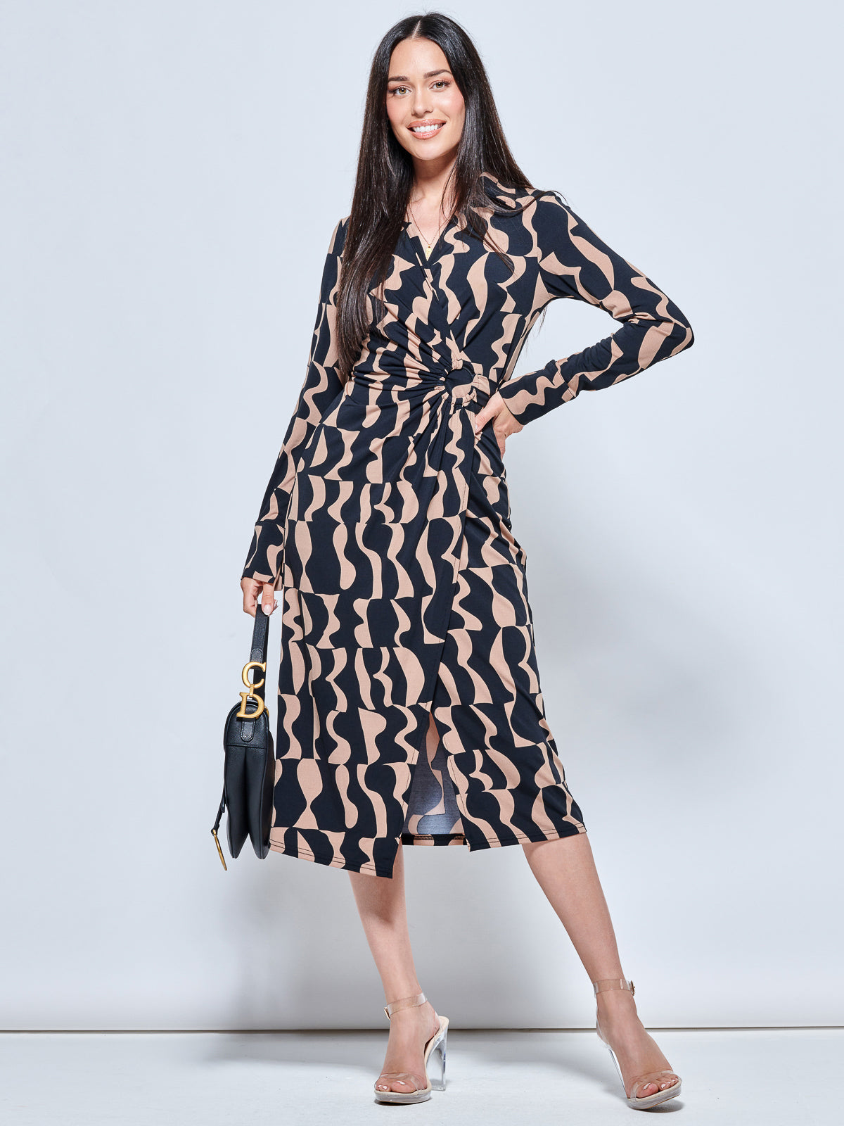 Long Sleeve Printed Jersey Shirt Dress, Brown Pattern – Jolie Moi