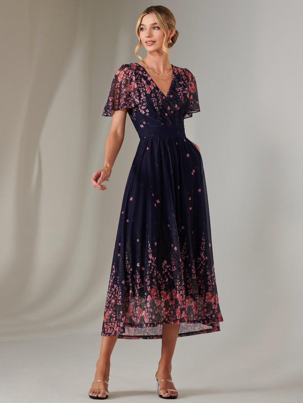 Wrap Maxi Dress, Navy Pink Multi Jolie Moi Retail Wrap Maxi Dress, Navy Pink Multi Jolie Moi Retail