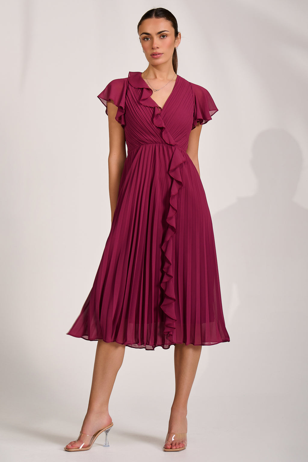Ruffle Pleated Chiffon Midi Dress, Mulberry – Jolie Moi Retail