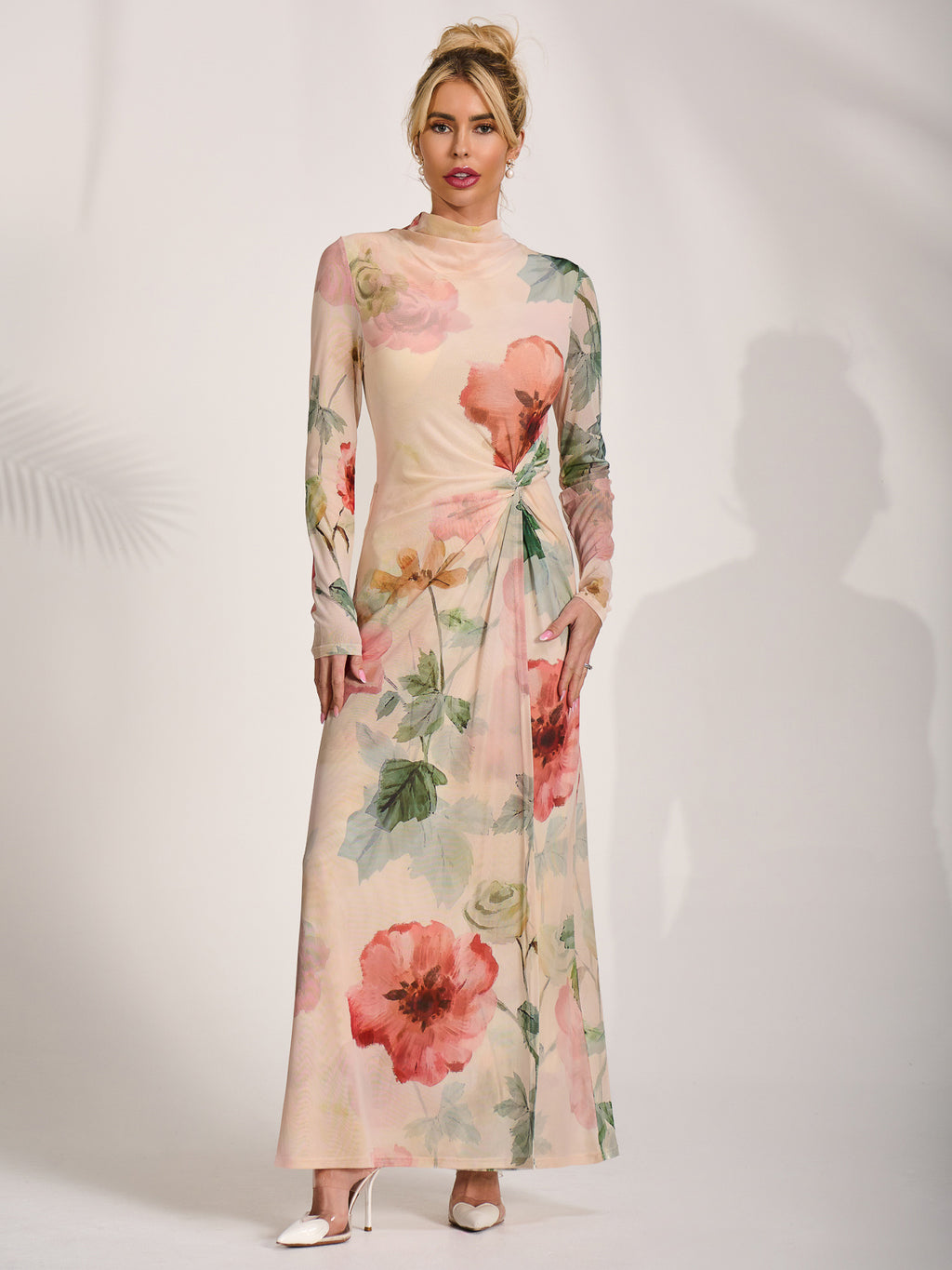 High Neck Long Sleeve Mesh Maxi Dress, Yellow Floral – Jolie Moi Retail
