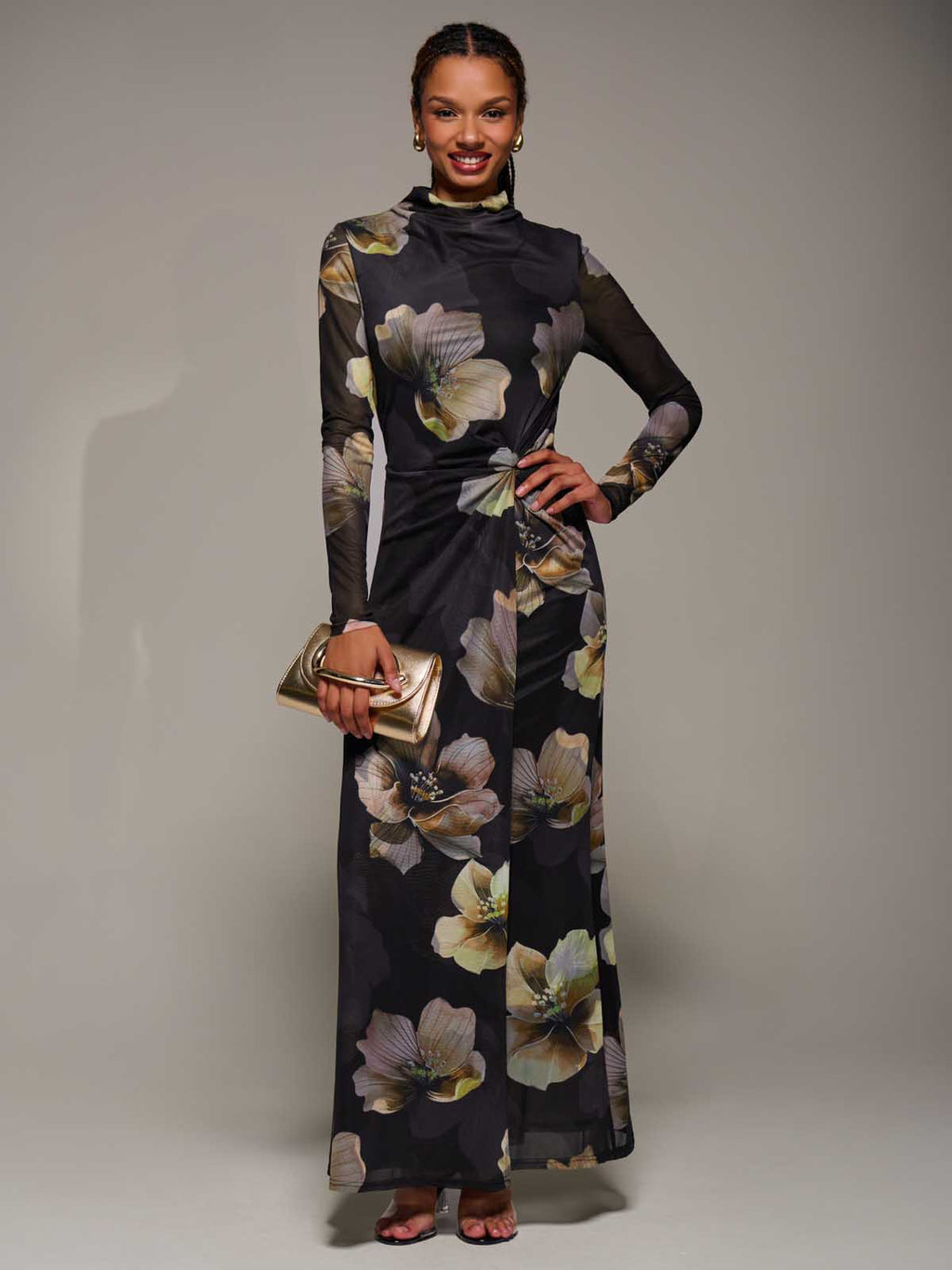 High Neck Long Sleeve Mesh Maxi Dress, Black Floral – Jolie Moi Retail