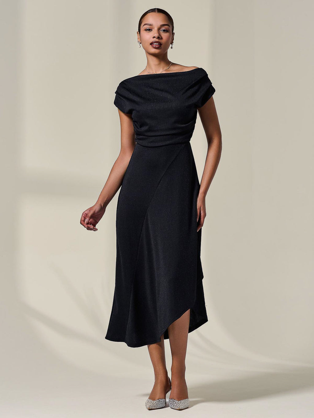 Asymmetric Draped Midi Dress, Black – Jolie Moi Retail