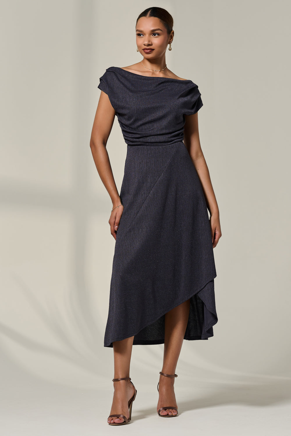 Asymmmetric Draped Midi Dress, Dark Grey – Jolie Moi Retail