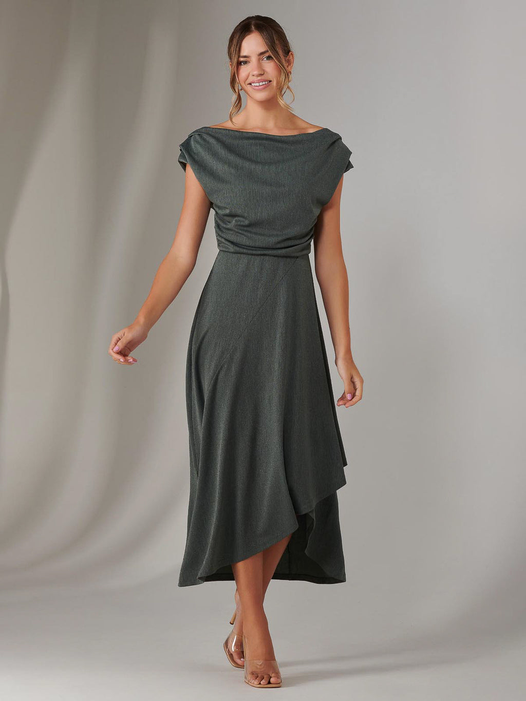 Asymmetric Draped Midi Dress, Khaki – Jolie Moi Retail