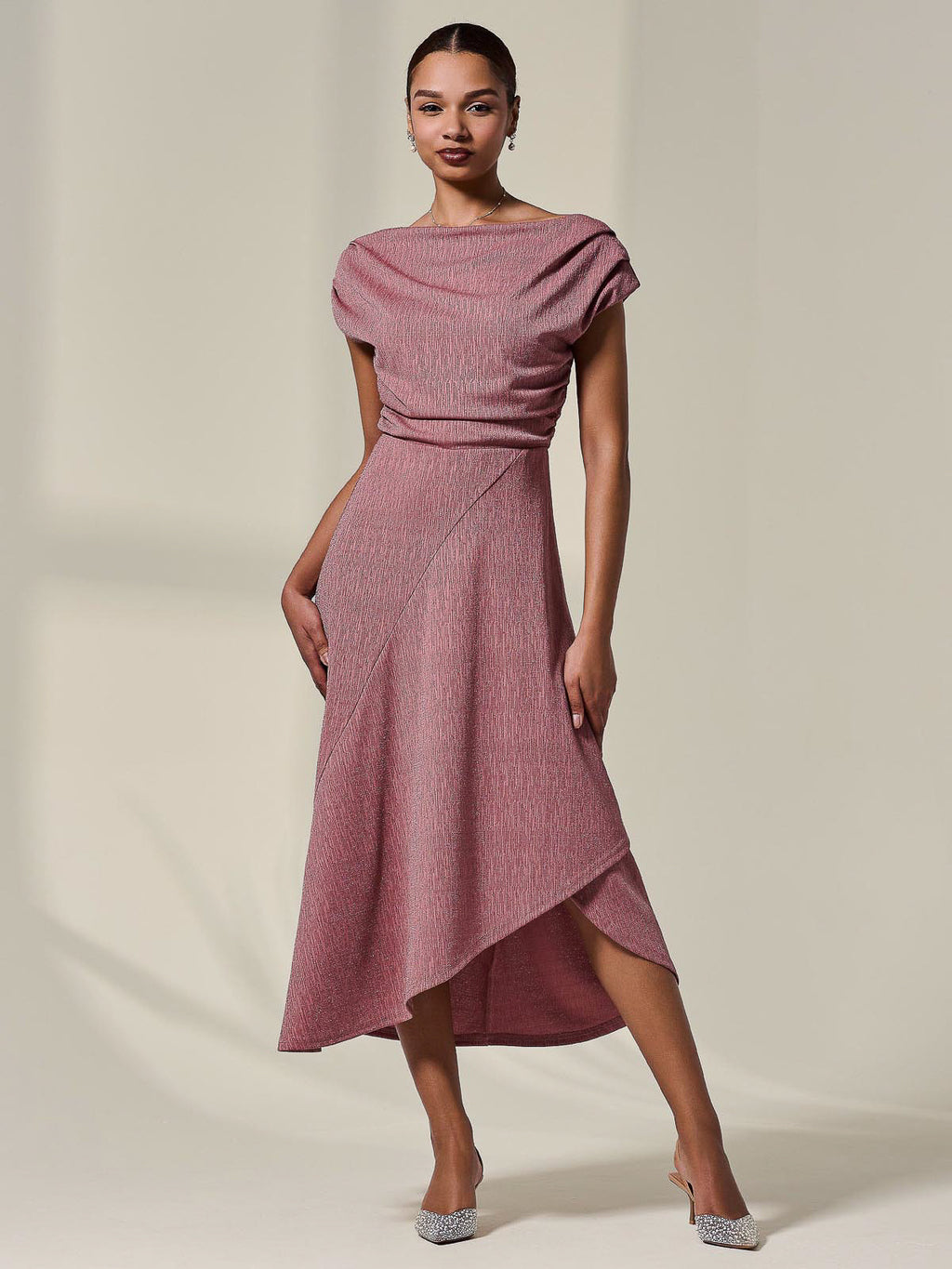 Asymmetric Draped Midi Dress, Rosewood Jolie Moi Retail Asymmetric Draped Midi Dress, Rosewood Jolie Moi Retail