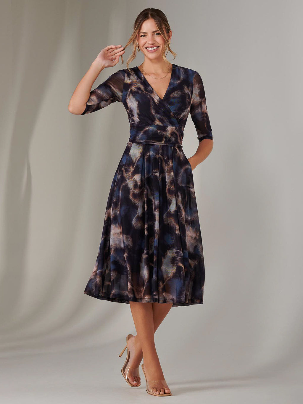 knee length dresses for ladies Mesh Wrap Midi Dress, Leopard Multi – Jolie Moi Retail
