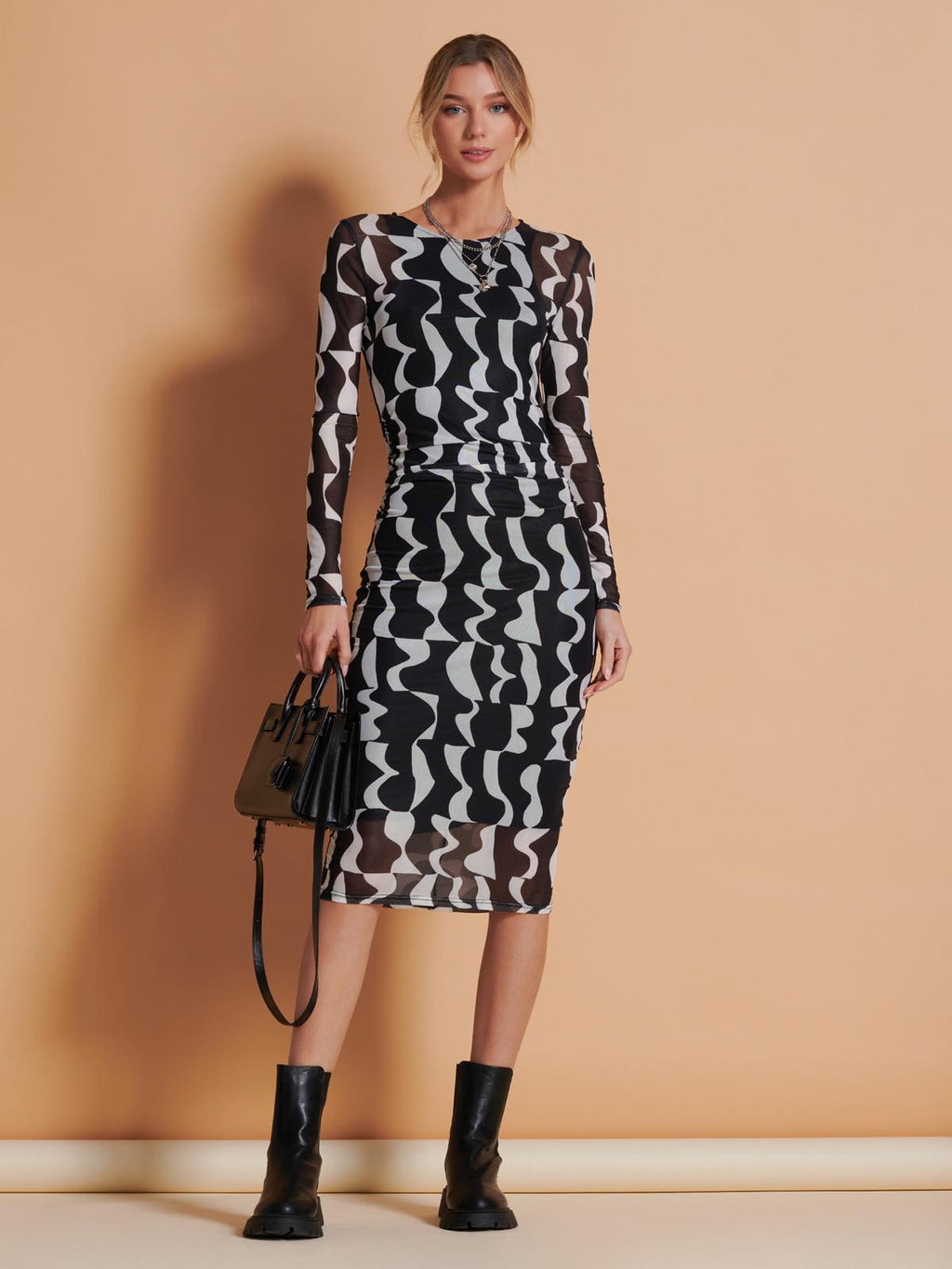 Print Long Sleeve Mesh Bodycon Dress, Black Pattern  Jolie Moi Retail