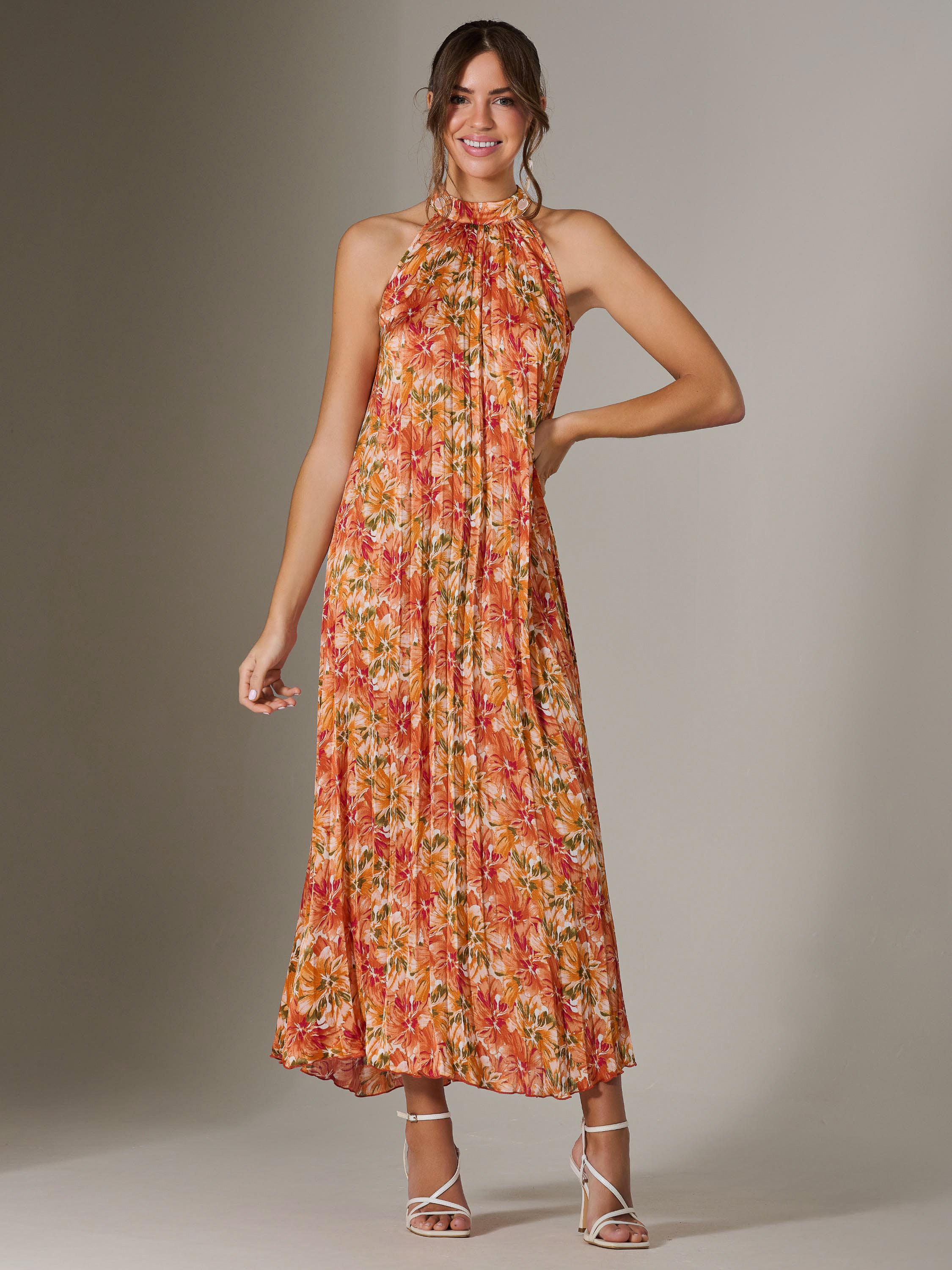 Halter Neck Pleated Maxi Dress, Orange Multi – Jolie Moi Retail