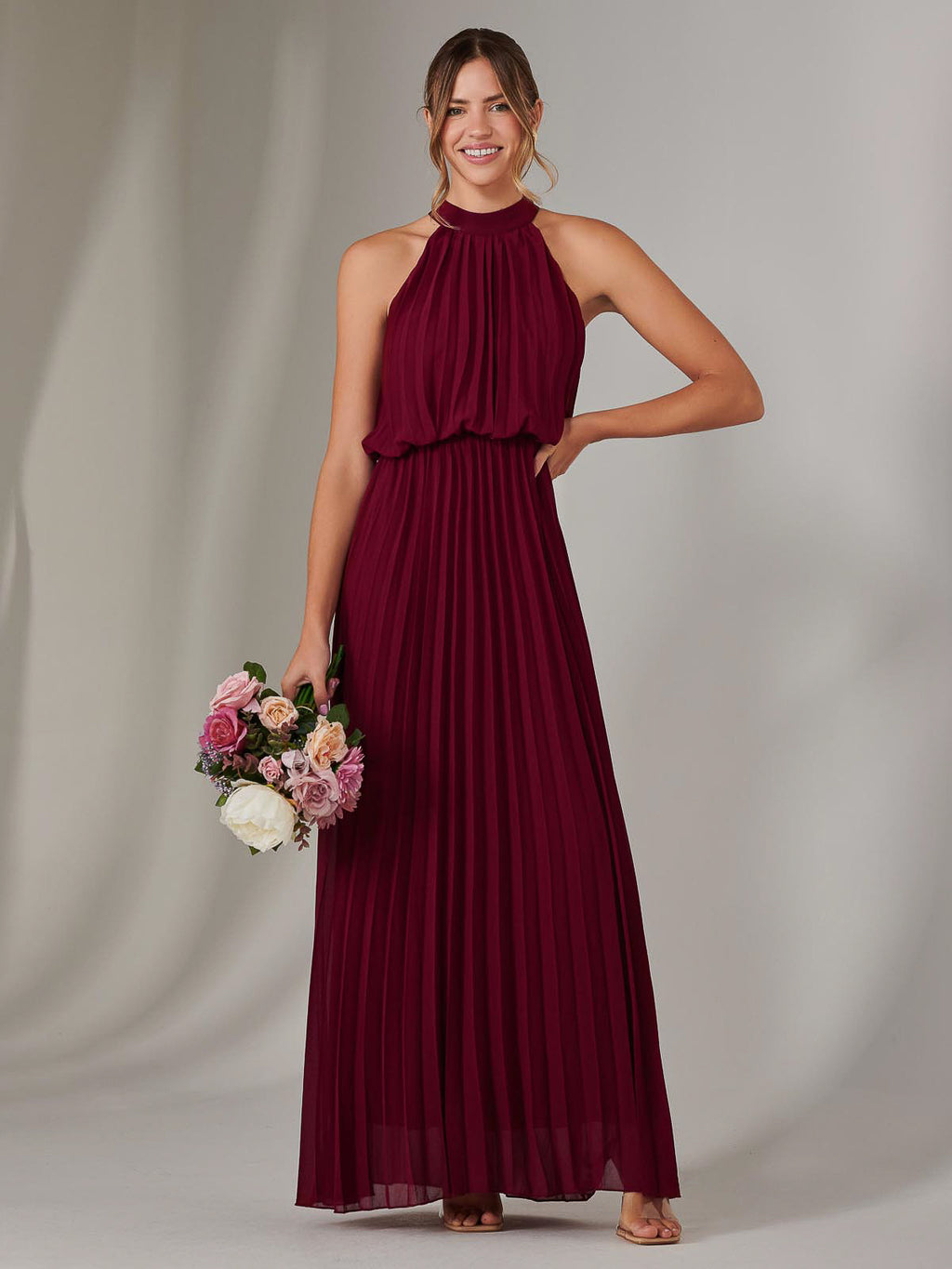 Pleated Bridesmaids Maxi Dress, Burgundy – Jolie Moi Retail