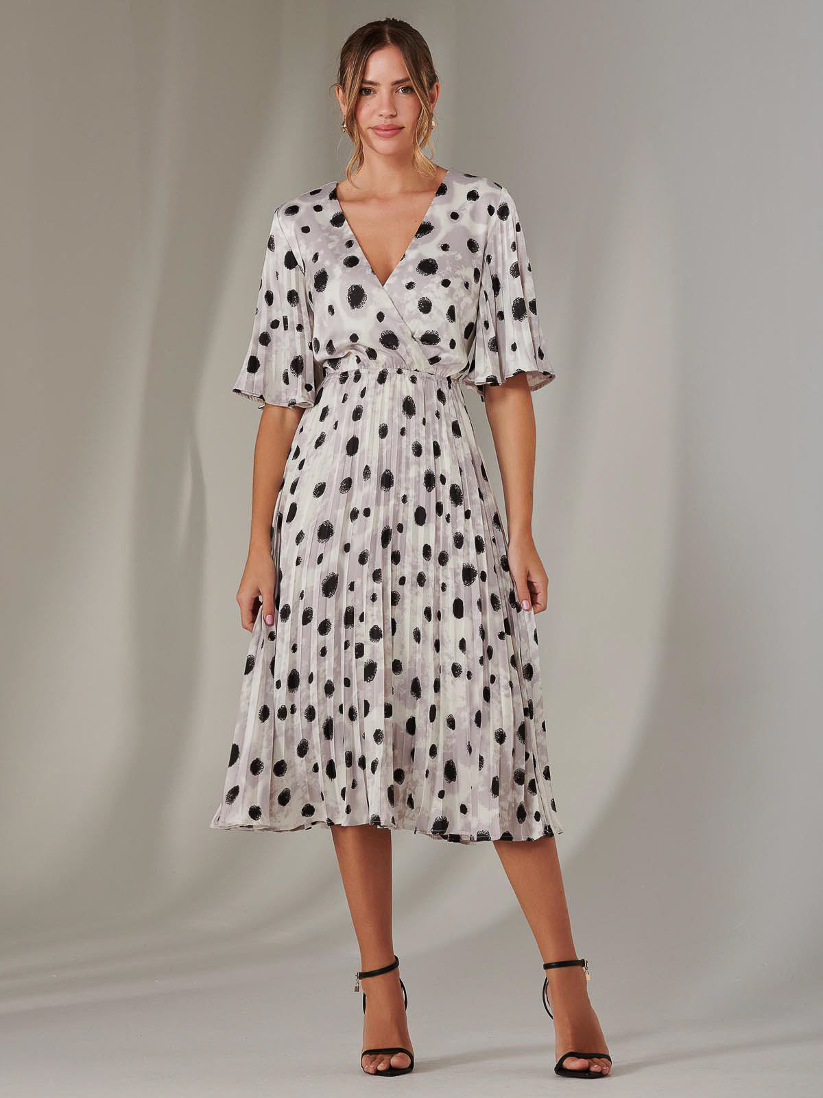 Pleated Wrap Midi Dress, White Polka Dot – Jolie Moi Retail