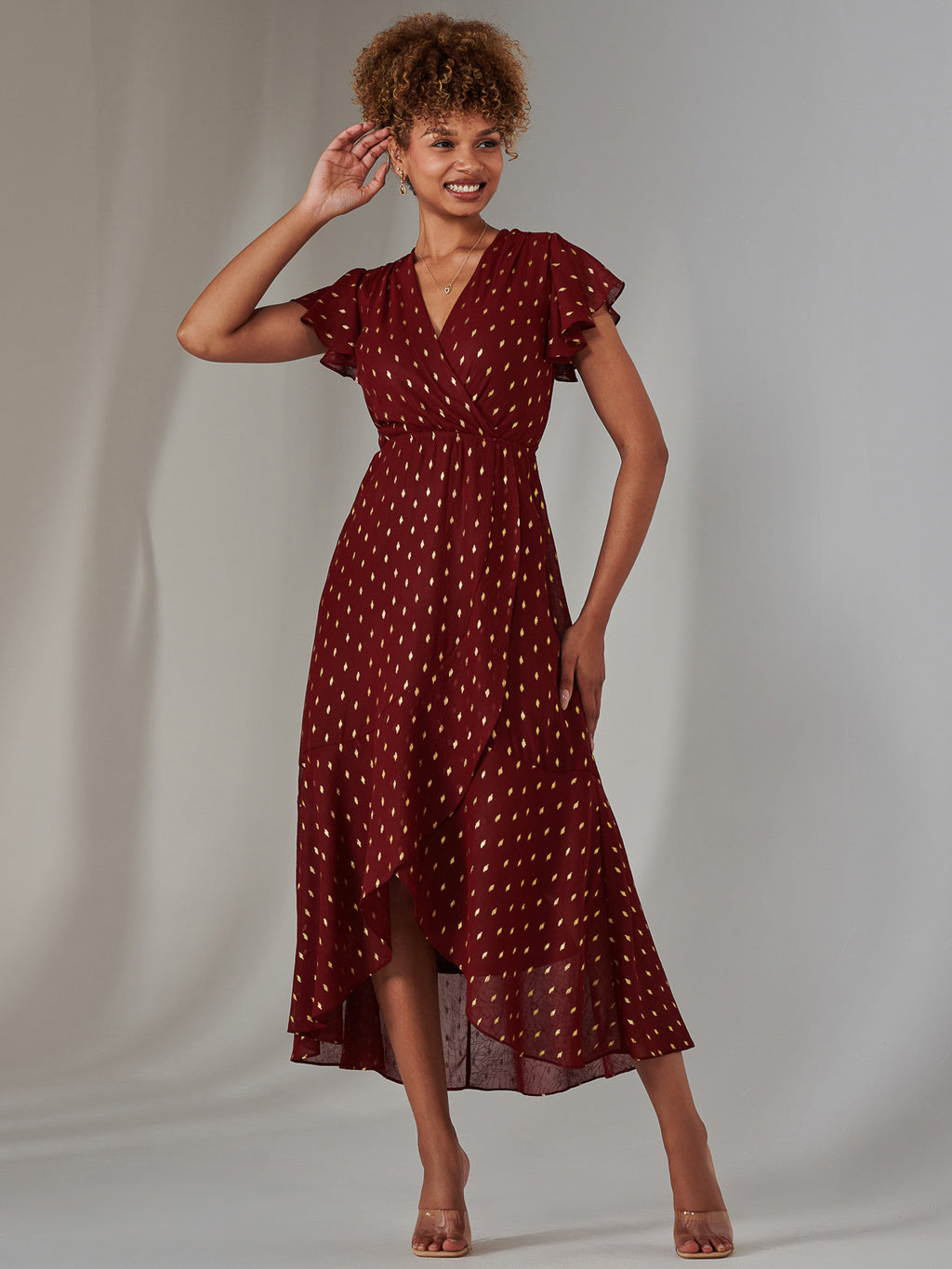 Metallic Spot Textured Chiffon Maxi Dress, Burgundy  Jolie Moi Retail