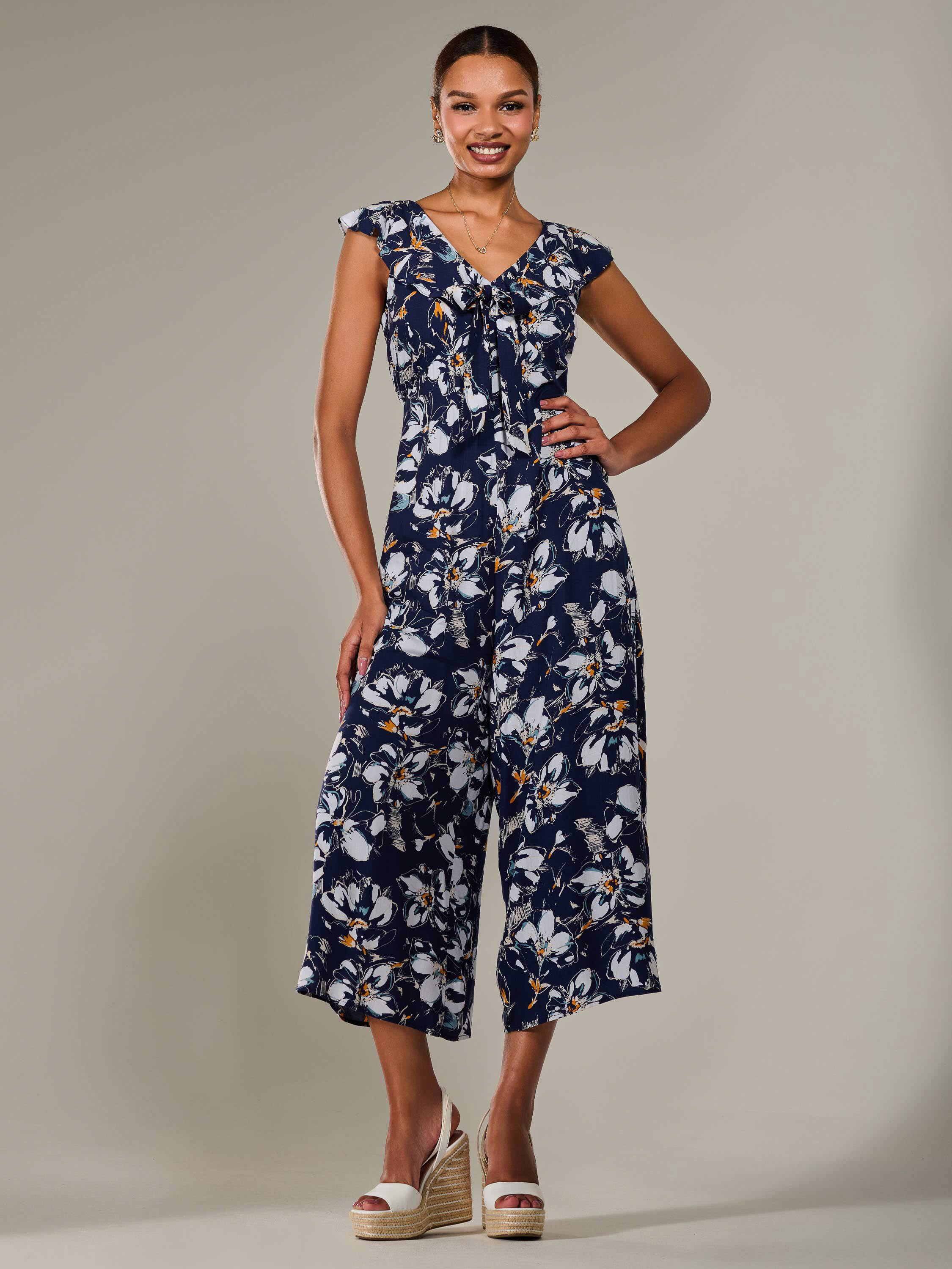 Frill Tie-front Jumpsuit, Navy Abstract – Jolie Moi Retail