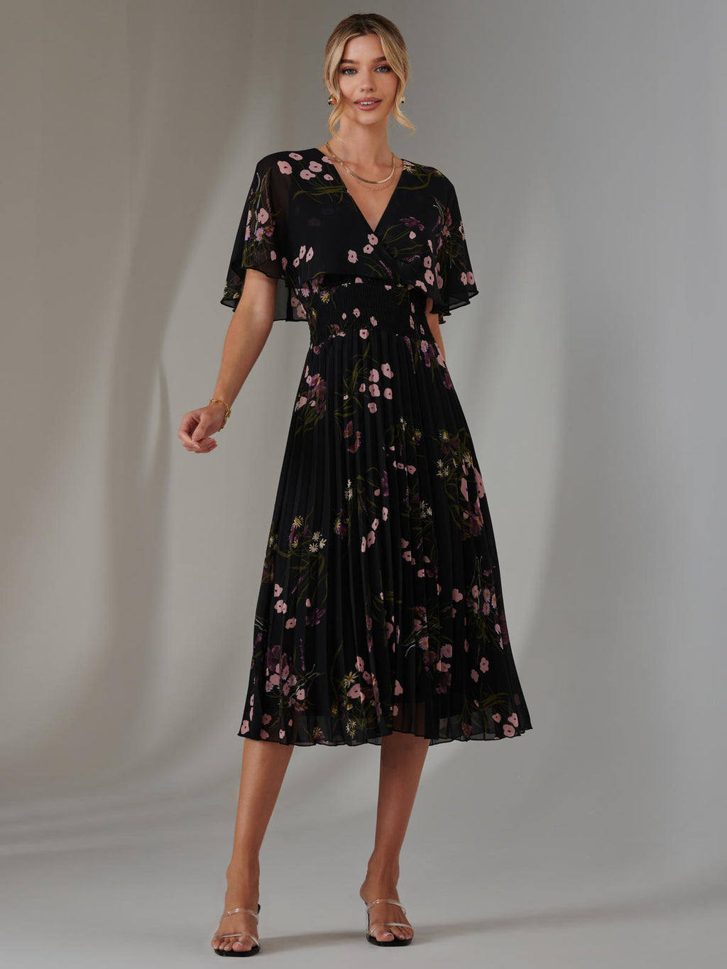 Floral Print Chiffon Pleated Dress, Black Pink Floral – Jolie Moi Retail