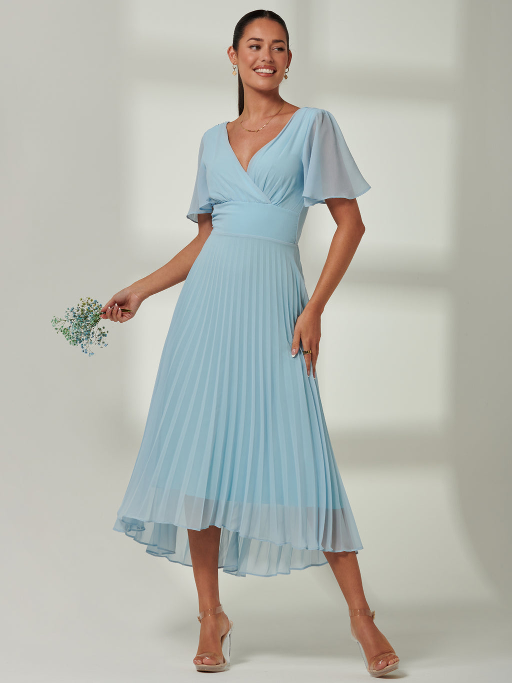 Elene Pleated High Low Chiffon Maxi Dress, Ice blue – Jolie Moi Retail