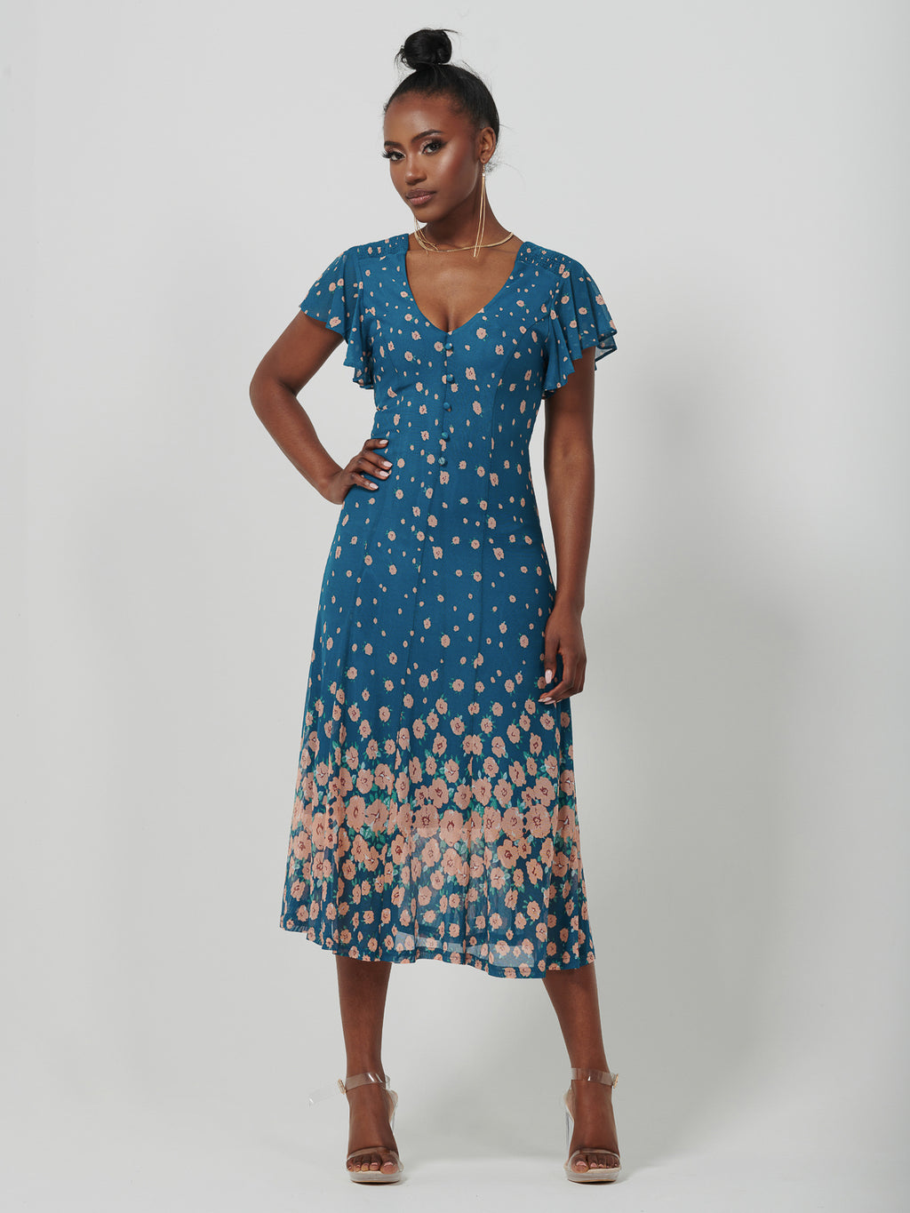 Mirrored Mesh Fit & Flare Midi Dress, Teal floral – Jolie Moi Retail