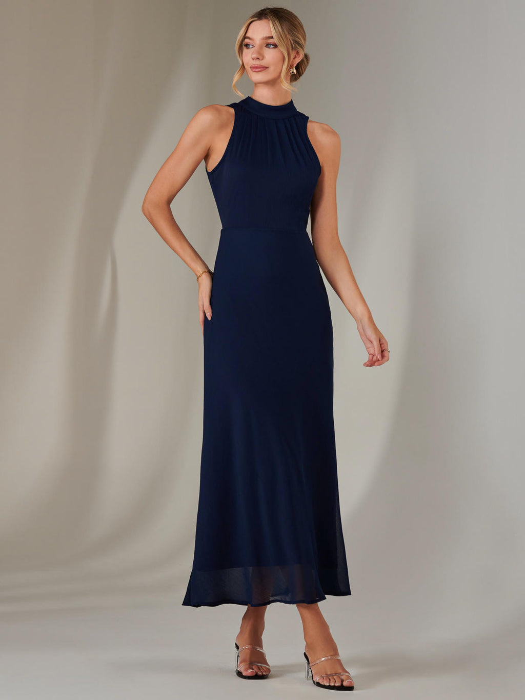 Halter Neck Open Back Chiffon Maxi Dress, Navy Jolie Moi Retail Halter Neck Open Back Chiffon Maxi Dress, Navy Jolie Moi Retail