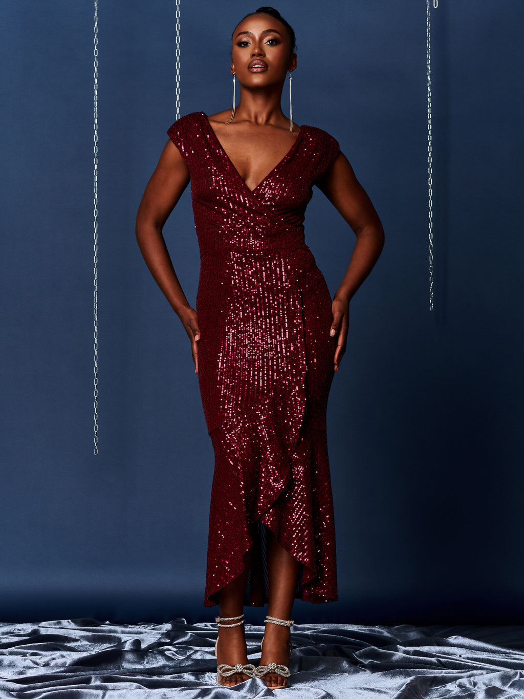 Sequin Wrap Fishtail Maxi Dress, Burgundy – Jolie Moi Retail