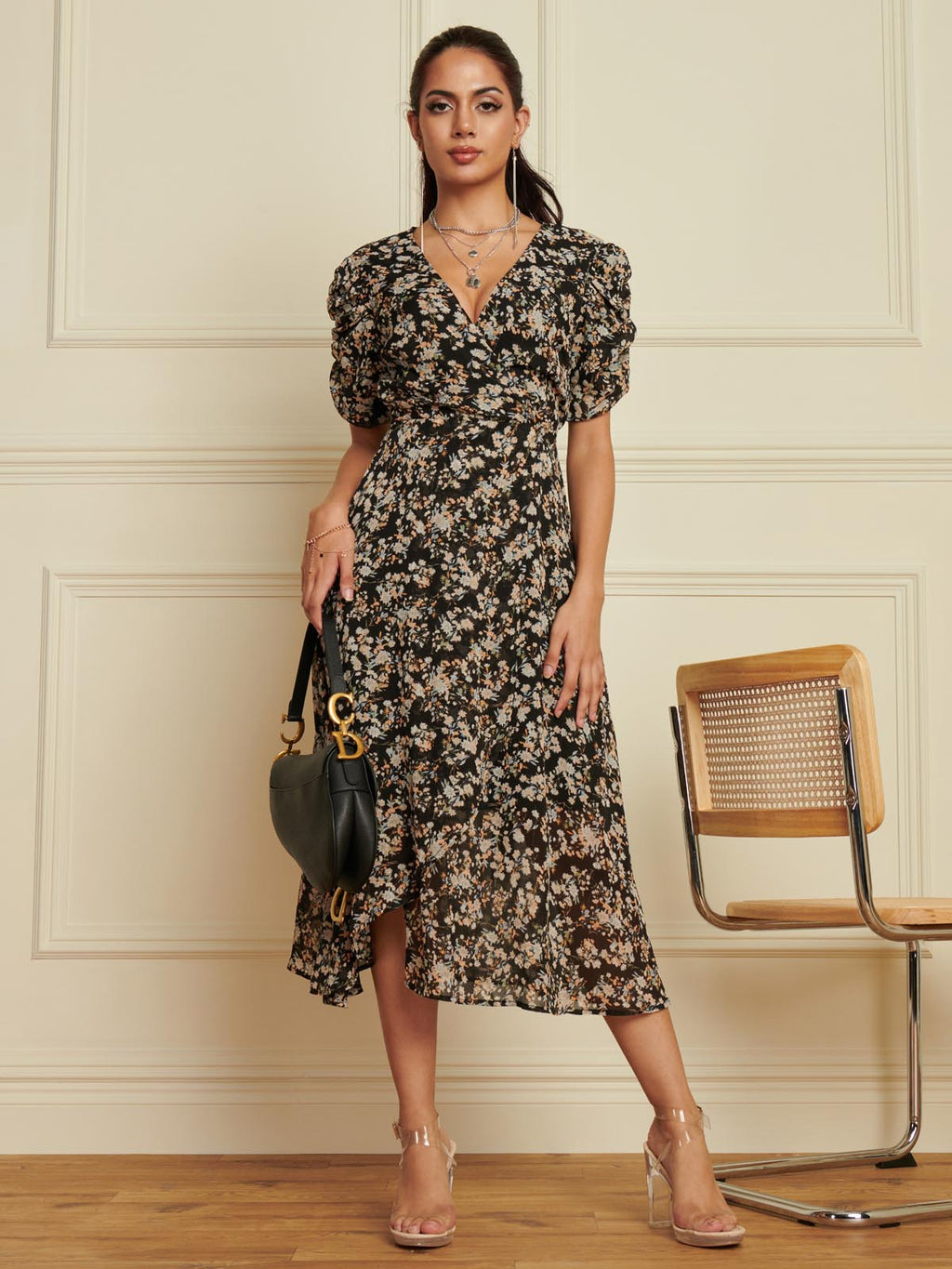Puff Sleeve Chiffon Wrap Midi Dress, Black Ditsy – Jolie Moi Retail