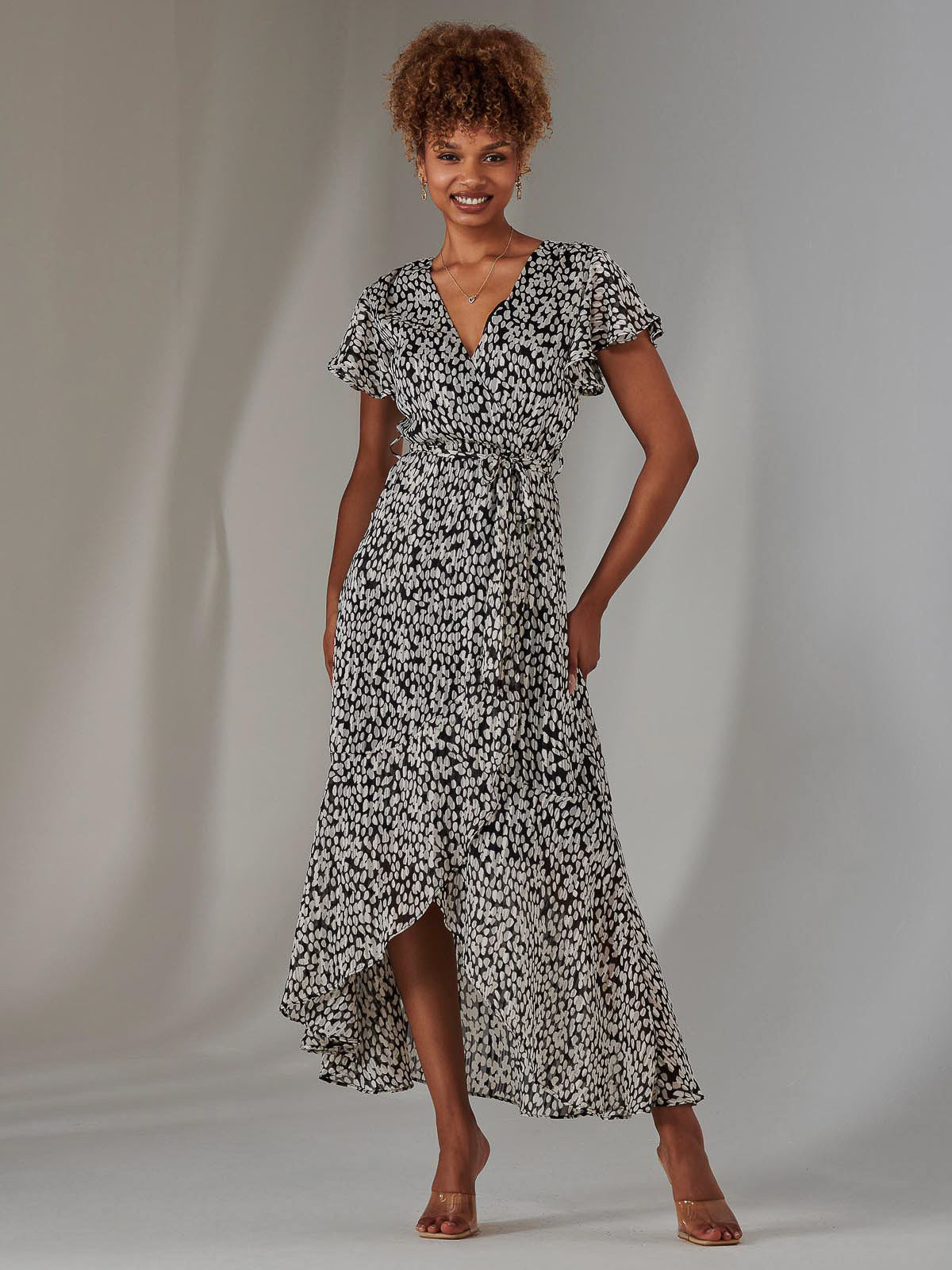 Chiffon Print Frill Dip Hem Maxi Dress, Black Spot – Jolie Moi Retail