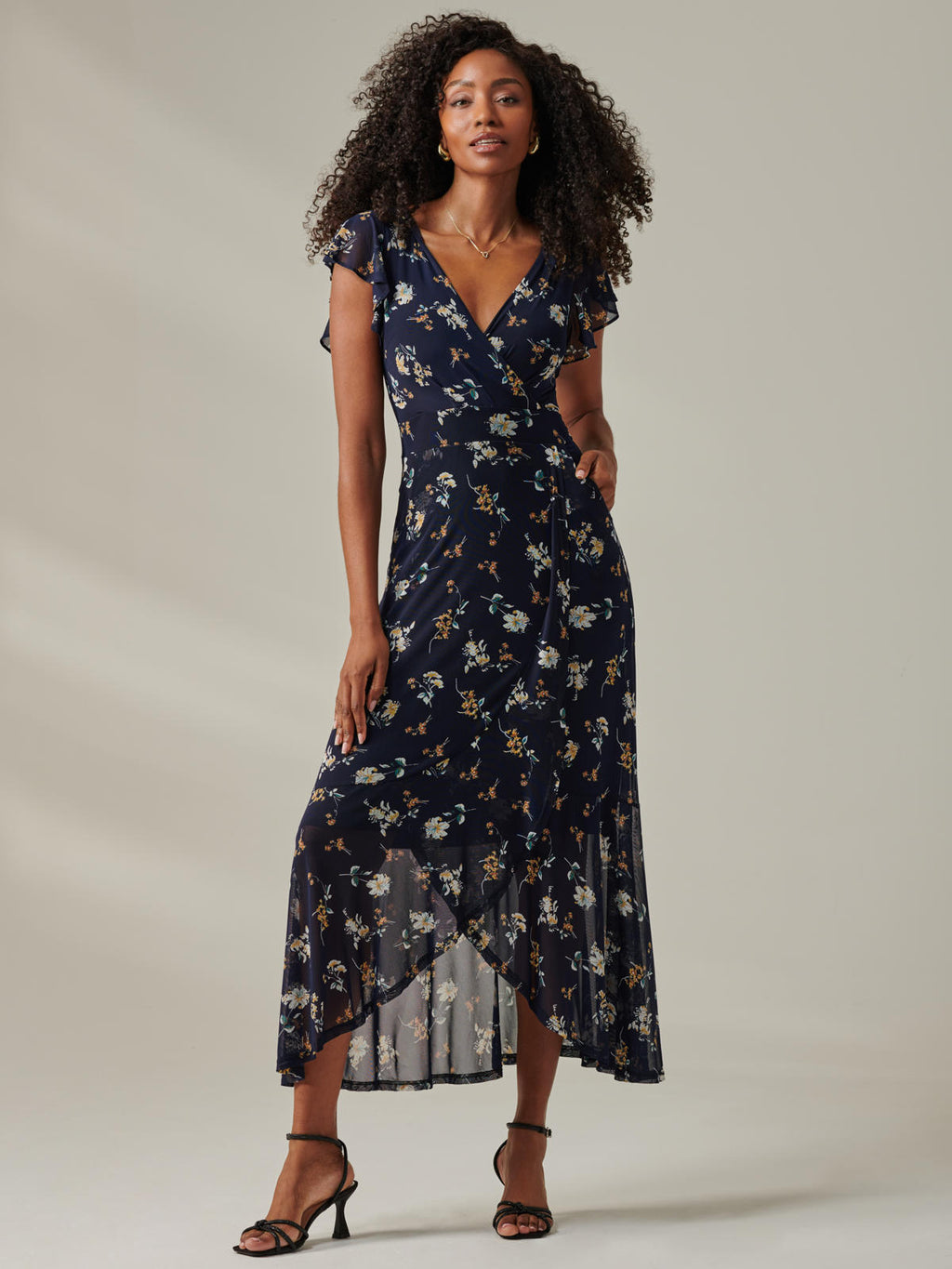 Heleyna Ruffle Hem Mesh Maxi Dress, Navy Floral Jolie Moi Retail Heleyna Ruffle Hem Mesh Maxi Dress, Navy Floral Jolie Moi Retail