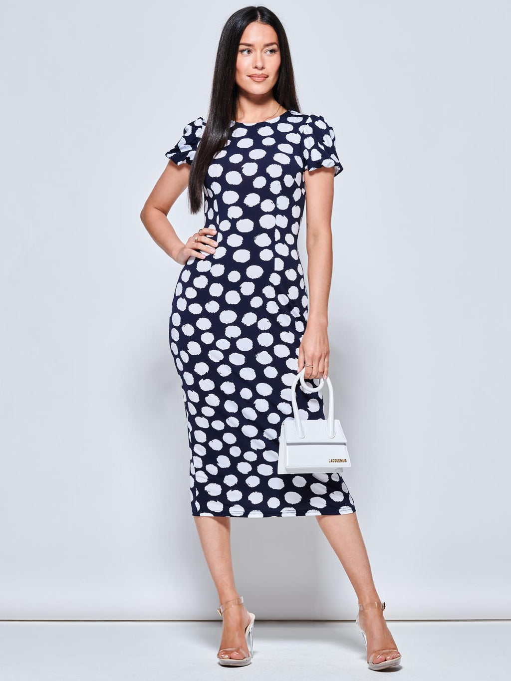 Short Sleeve Jersey Bodycon Midi Dress, Navy Polka Dot – Jolie Moi