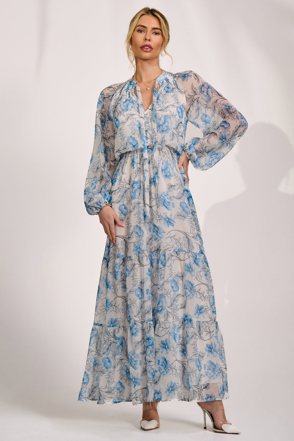 white floral maxi dress long sleeve Chiffon Tiered Dress, – Jolie Moi Retail Inseam Inches:27 1次元 Cut from a semi Inka Ethereal | Long