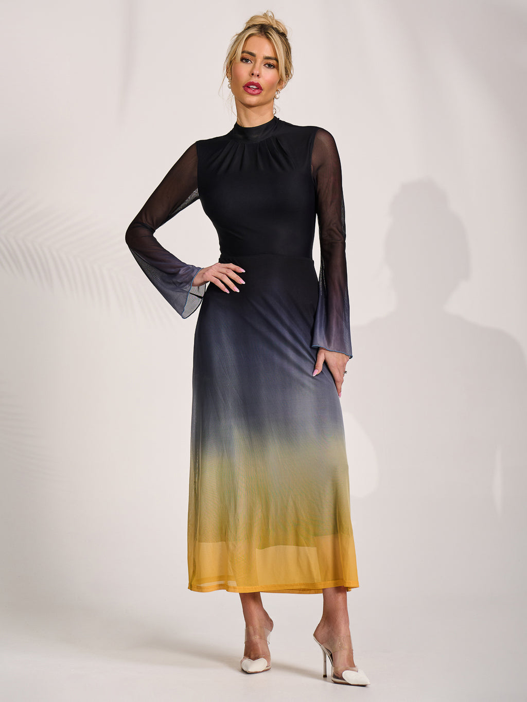 Long Sleeve High Neck Mesh Dress, Yellow Multi – Jolie Moi Retail