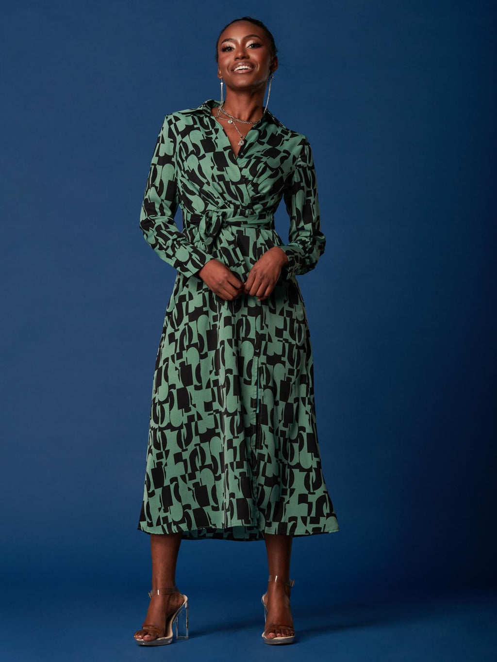 Wrap Detail Shirt Maxi Dress, Green Geo  Jolie Moi Retail