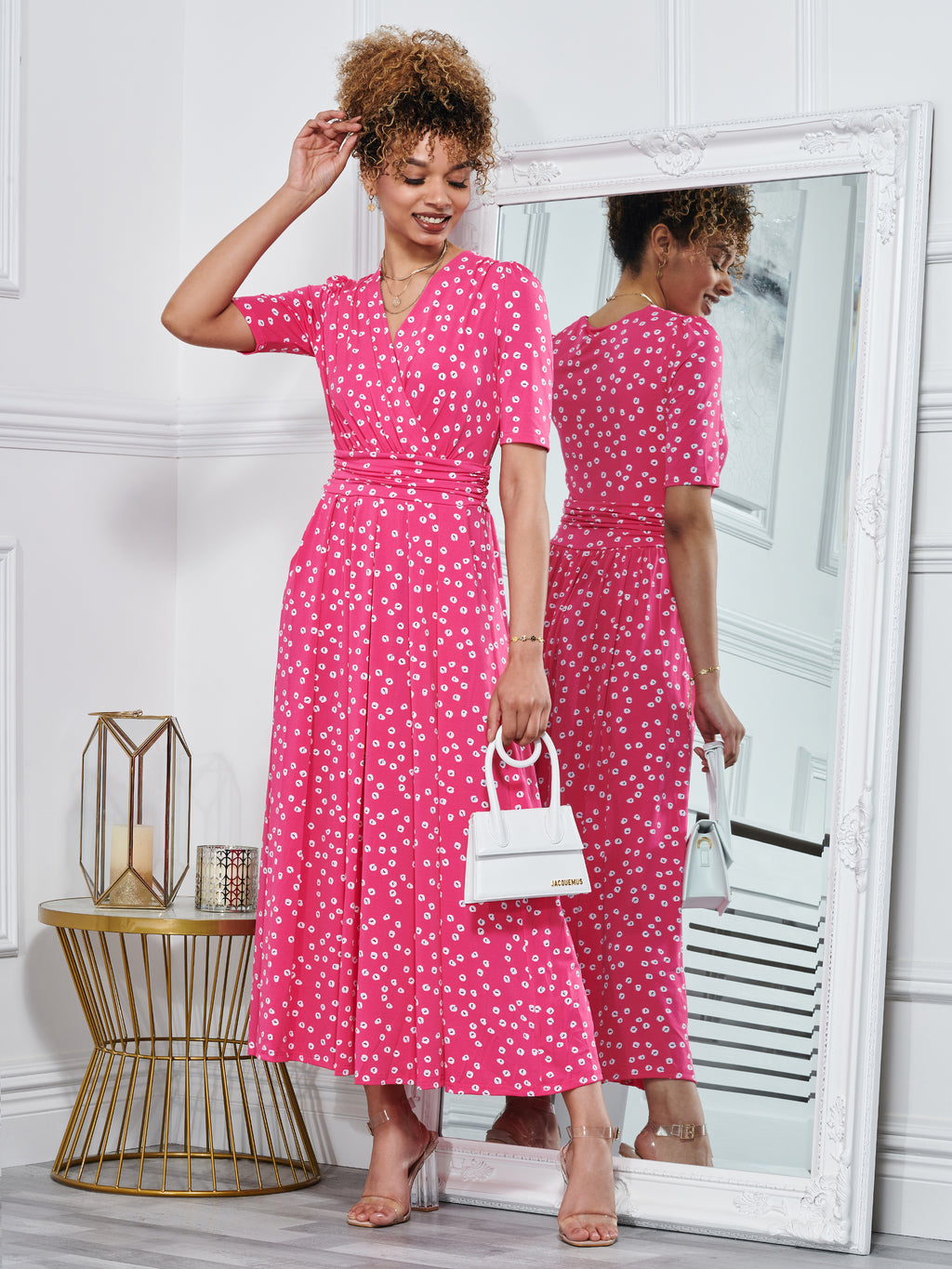 hot pink polka dot dress Lyanna Wrap Front Maxi Dress, – Jolie Moi Retail 6.9.25 Lady in a Gold-Colored Size:16 x 33