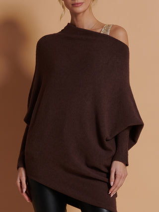 Made in Italy Asymmetric Draped Knit Jumper, Chocolate