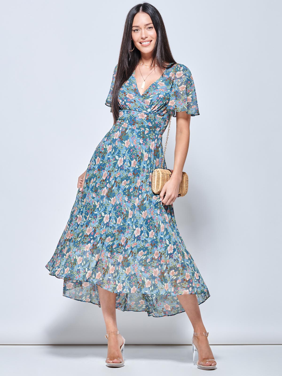 Teal floral wrap store dress