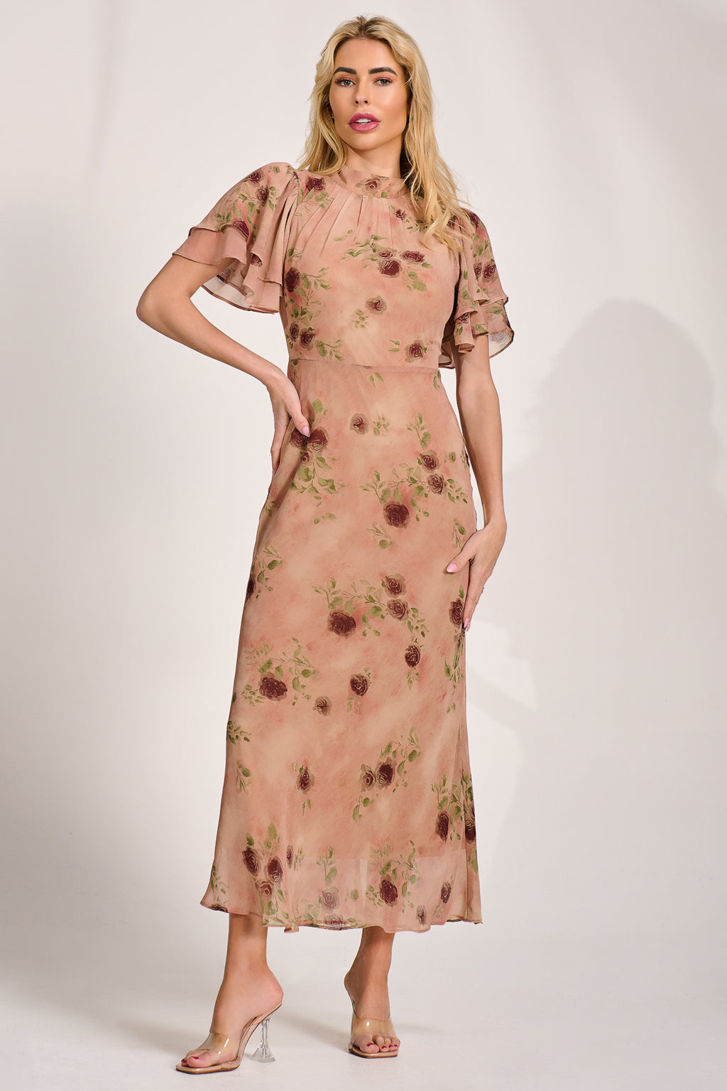 High Neck Angel Sleeve Chiffon Maxi Dress, Coral Floral – Jolie Moi Retail