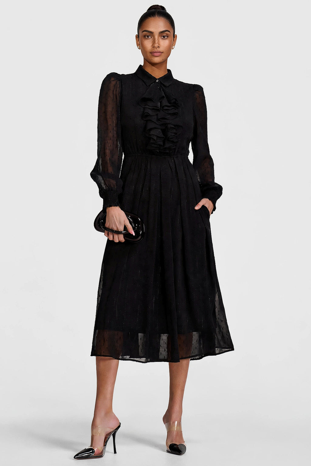 black dress chiffon long sleeves Textured Sleeve Shirt Dress, – Jolie Moi Retail J2606VO2729444_RAISIN_DOVE Black Shiny Shoe to cover size:FR 42