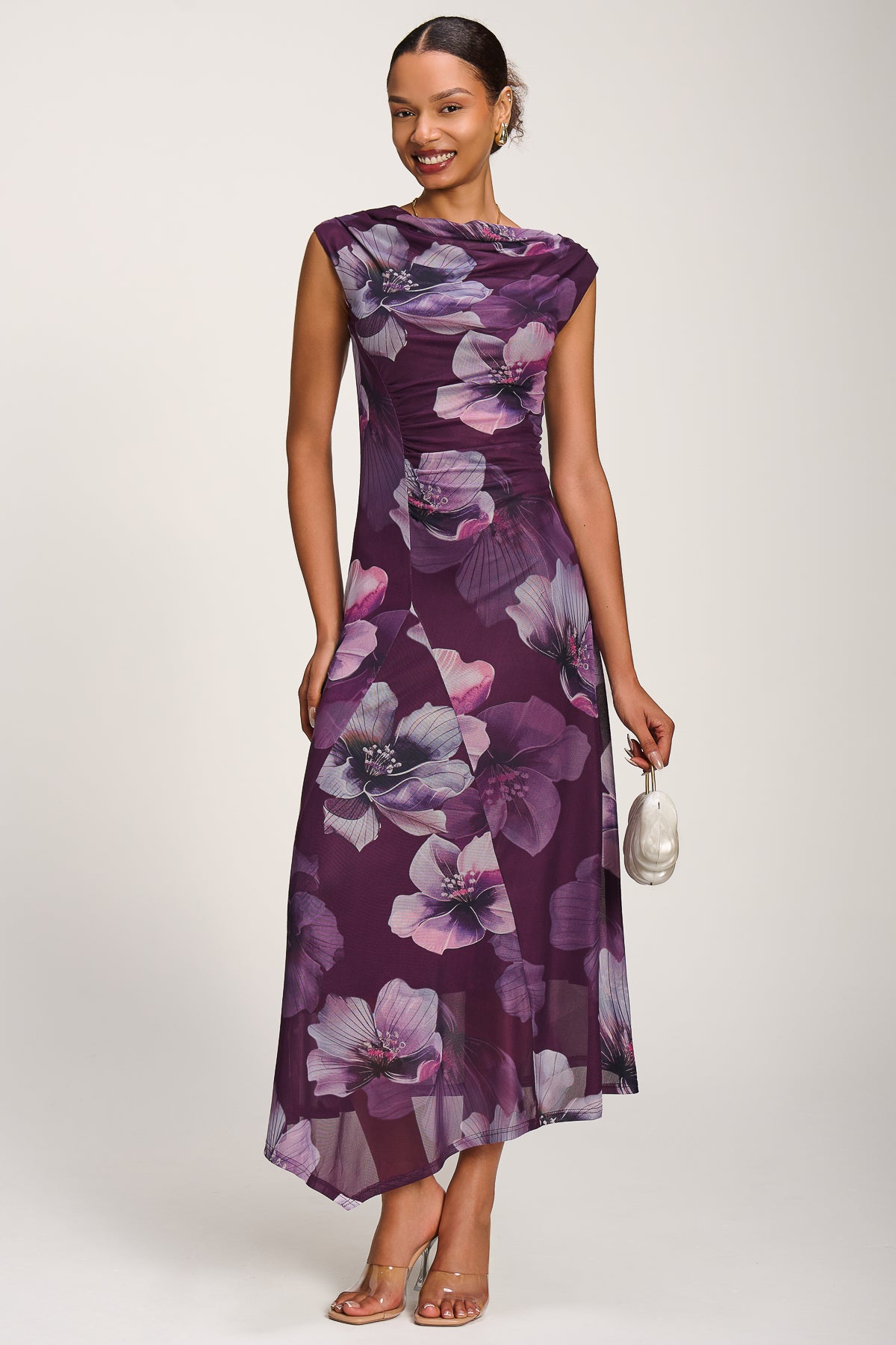 Asymmetric Draped Mesh Maxi Dress, Purple Floral – Jolie Moi Retail
