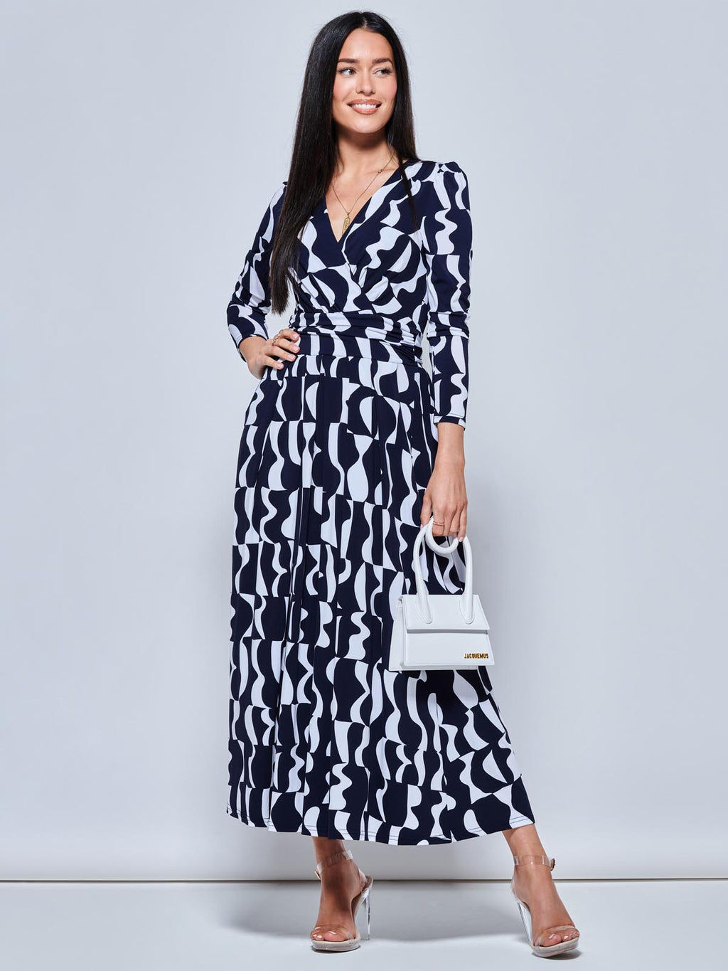 knee length dresses for ladies Blue and Brown Geometric Print Viscose Maxi Dress with Long Sleeves