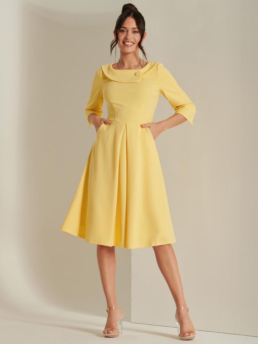 3/4 Sleeve Fold Neck Midi Dress, Light Yellow Jolie Moi Retail 3/4 Sleeve Fold Neck Midi Dress, Light Yellow Jolie Moi Retail