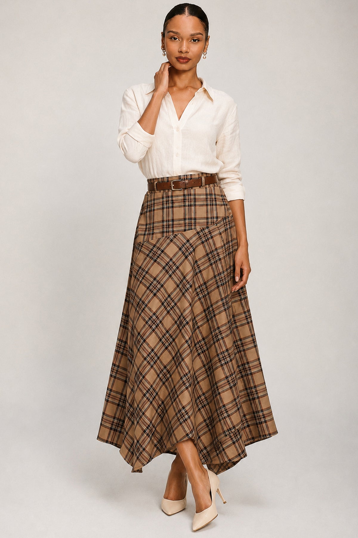 Check Asymmetric Woven Maxi Skirt, Brown Check – Jolie Moi Retail
