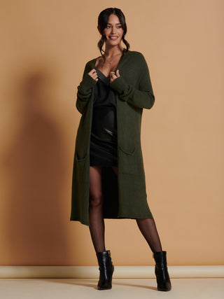 Jolie Moi Longline Soft Knitted Cardigan in Soldier Green, Front Shot
