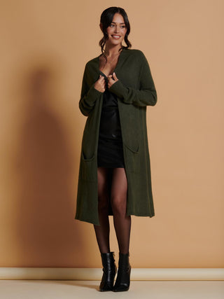 Jolie Moi Longline Soft Knitted Cardigan in Soldier Green, Front Shot 3