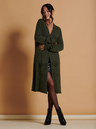 Jolie Moi Longline Soft Knitted Cardigan in Soldier Green, Front Shot 4