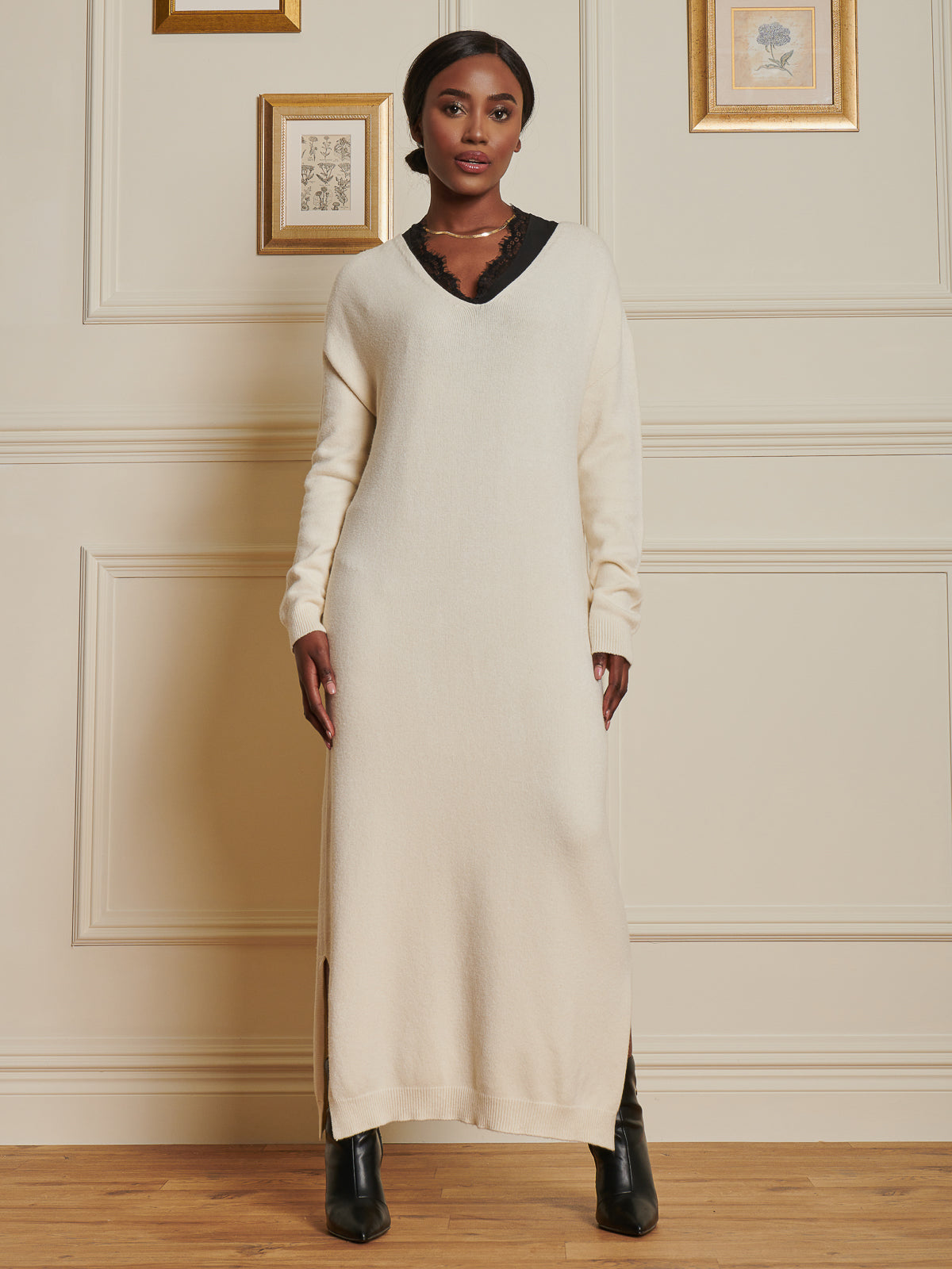 V-Neck Knitted Longline Dress, Beige Heather – Jolie Moi Retail