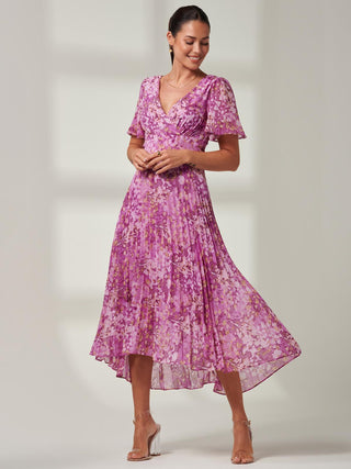 Vanya Wrap V-Neck Chiffon Maxi Dress, Purple , Short Cap Sleeves