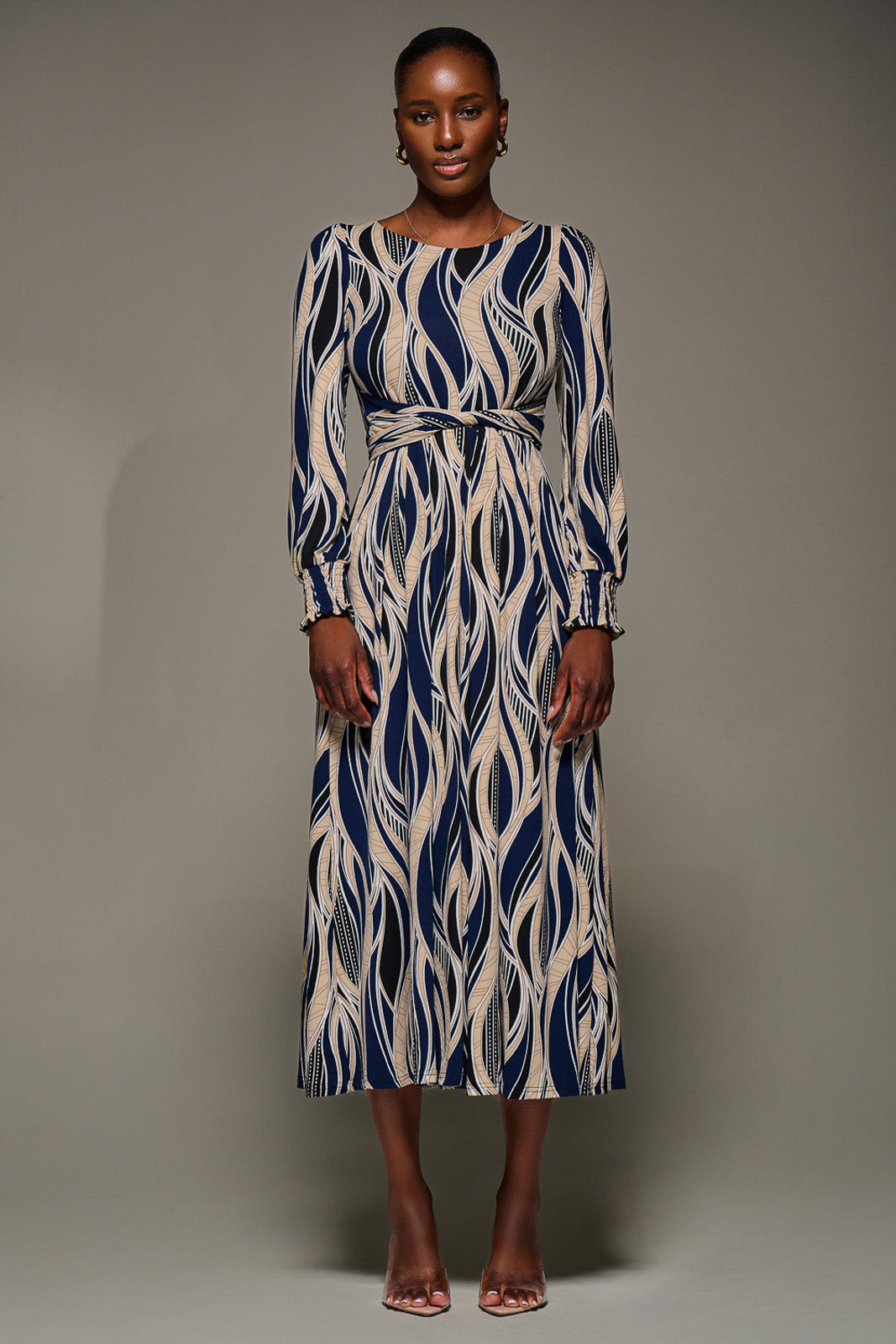 Jersey Belted Long Sleeve Maxi Dress, Navy Abstract – Jolie Moi Retail
