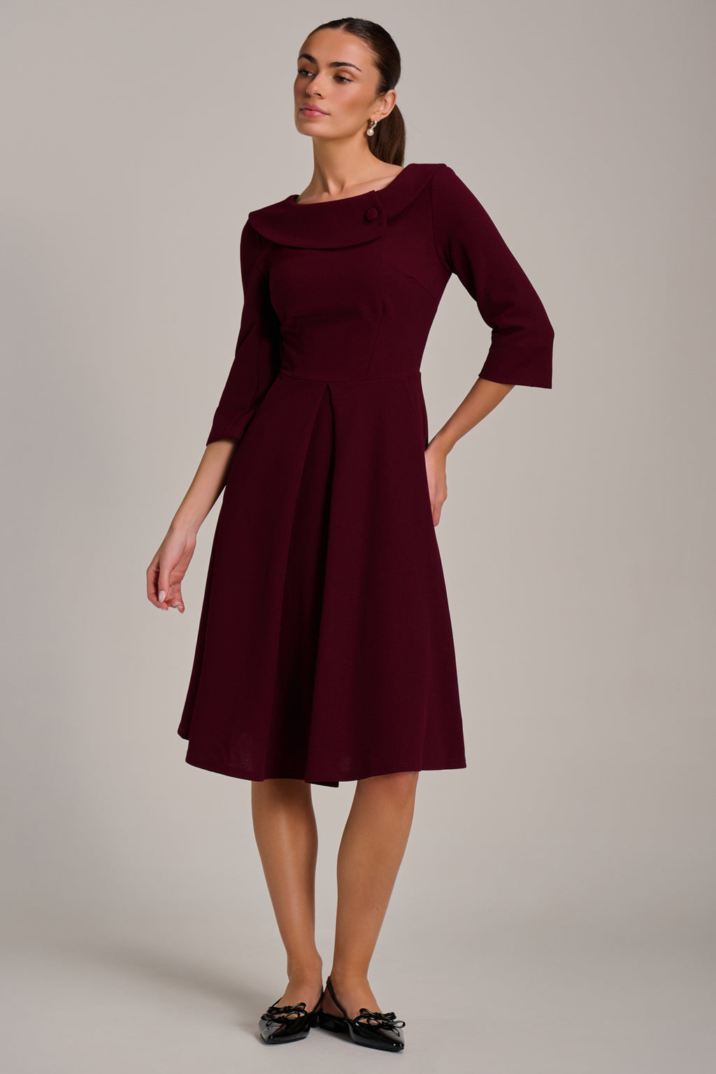 Fold Collar Button Detail Dress, Burgundy Jolie Moi Retail Fold Collar Button Detail Dress, Burgundy Jolie Moi Retail