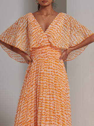 Kyra Pleated Chiffon Maxi Dress, Orange Abstract