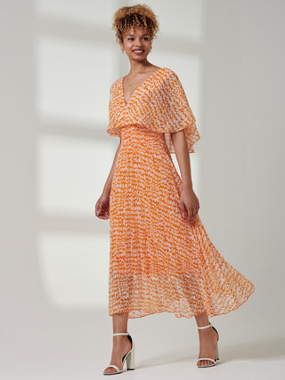 Kyra Pleated Chiffon Maxi Dress, Orange Abstract