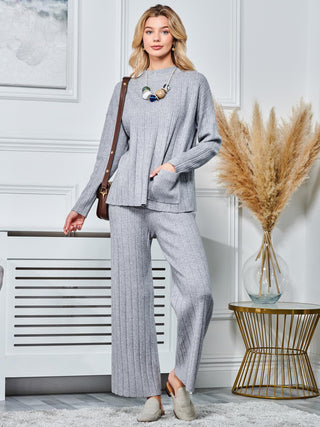 Ribbed Knit Wide Leg Trousers, Dove Heather