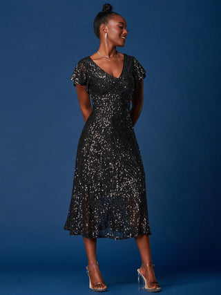 Sequin Fit & Flare Maxi Dress, Black