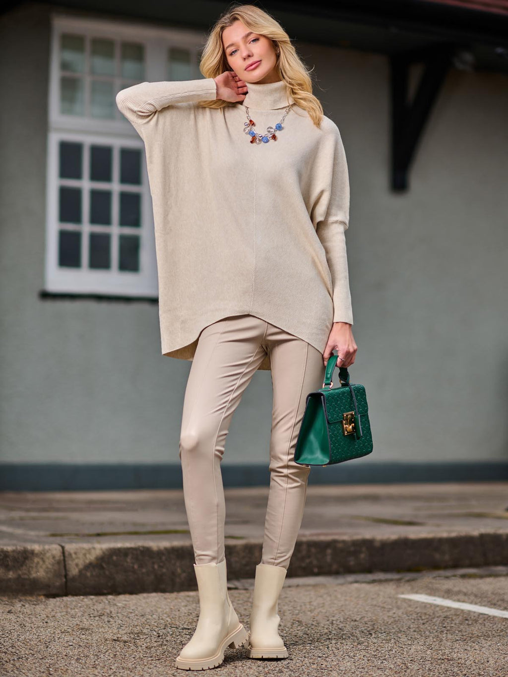 Turtleneck Batwing Fine Knit Jumper, Stone – Jolie Moi Retail