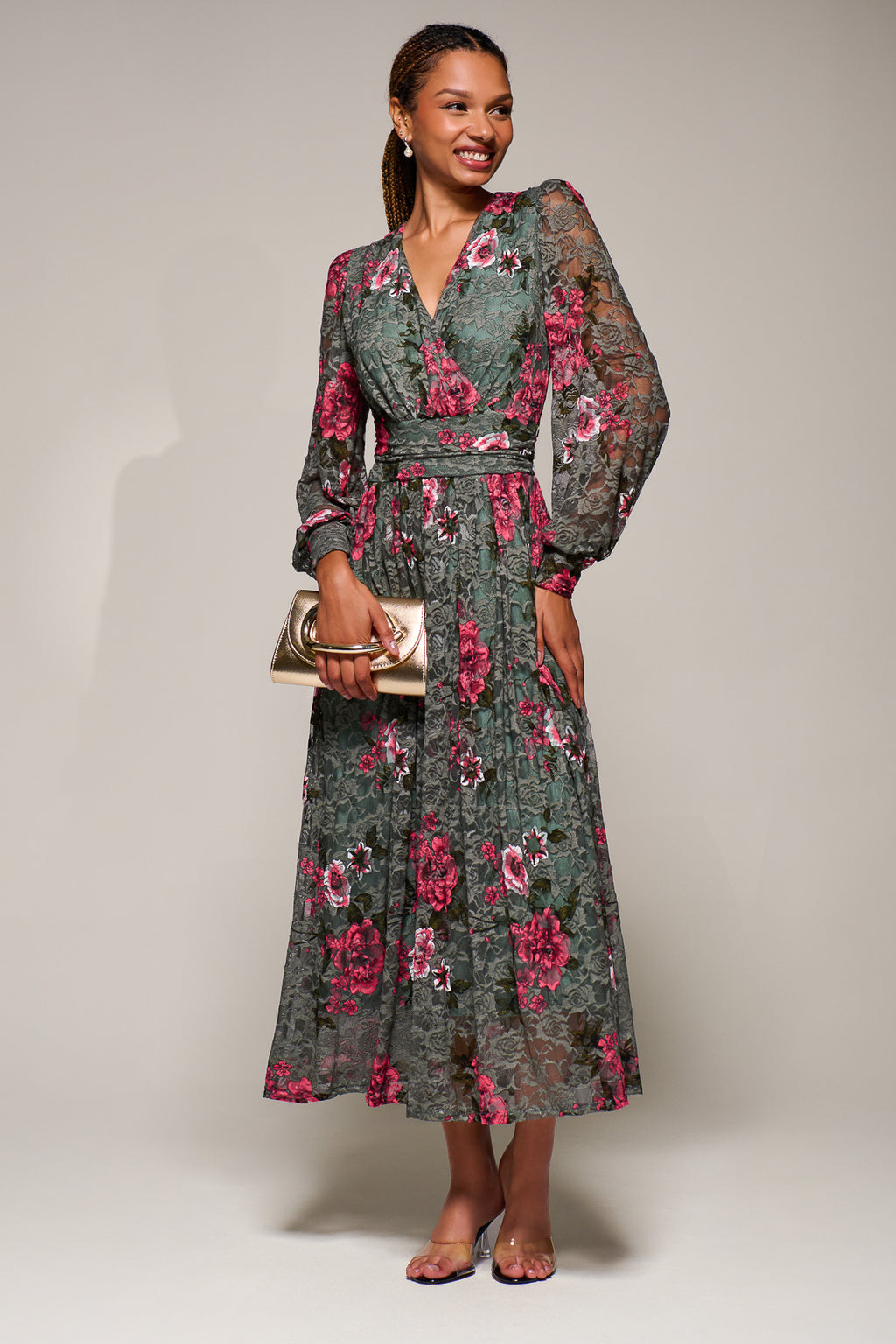 Long Sleeve Printed Lace Midaxi Dress, Green Floral – Jolie Moi Retail